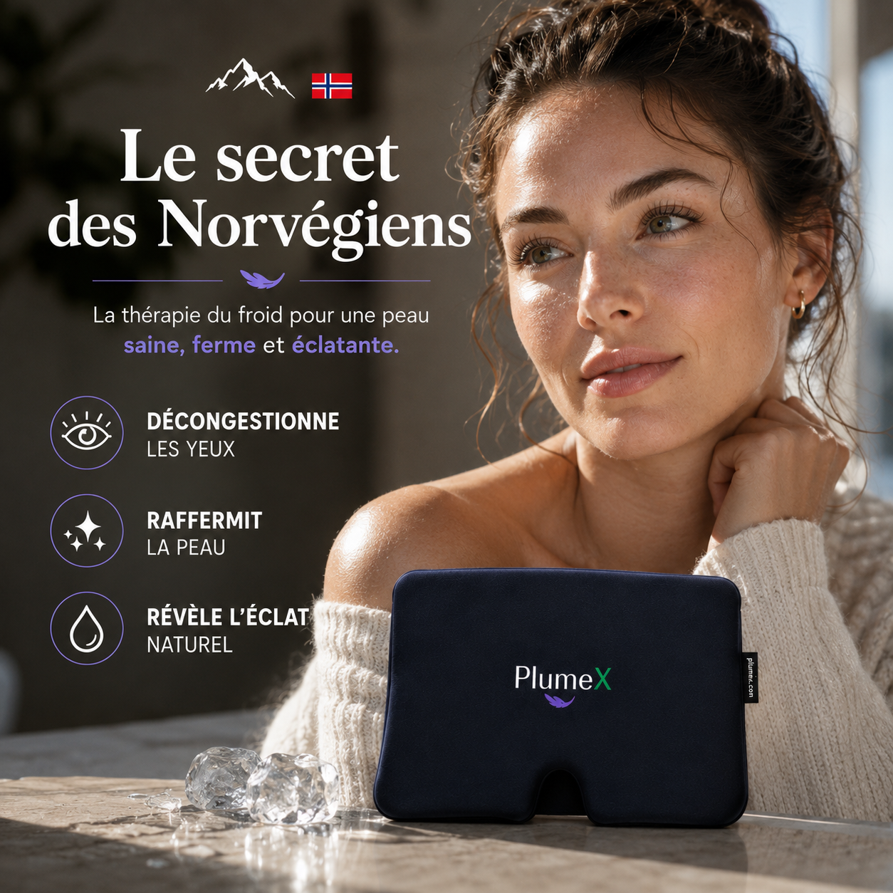 Masque cryo PlumeX sortant du congélateur pour un rituel beauté quotidien